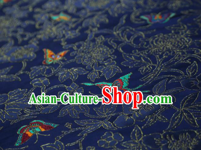 Chinese Classical Chrysanthemum Butterfly Pattern Design Navy Brocade Fabric Asian Traditional Silk Material