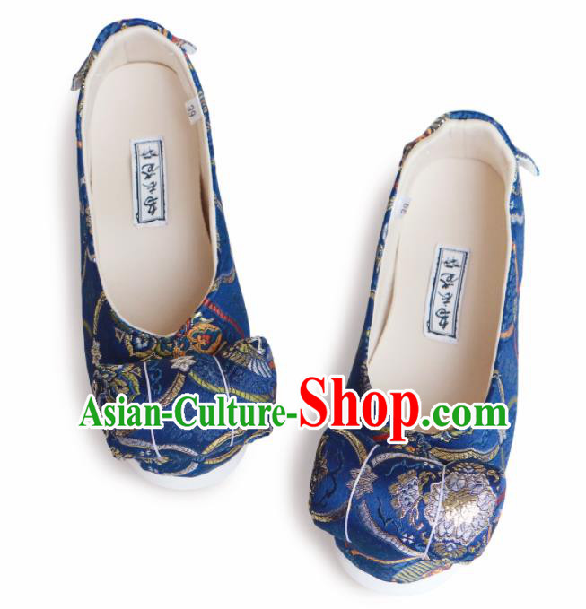 Chinese Traditional Navy Brocade Bow Shoes Opera Shoes Hanfu Shoes Wedding Shoes for Women