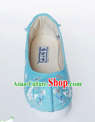 Chinese Traditional Handmade Blue Embroidered Shoes Opera Shoes Hanfu Shoes Ancient Princess Shoes for Women