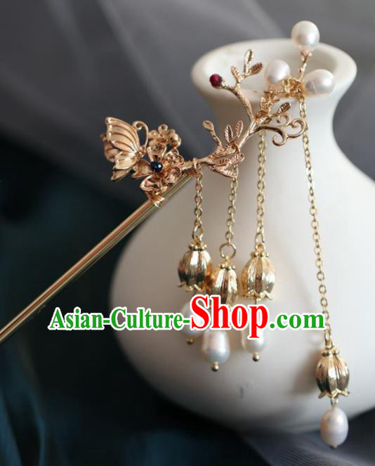 Chinese Handmade Ming Dynasty Princess Golden Butterfly Tassel Hairpins Ancient Hanfu Hair Accessories for Women