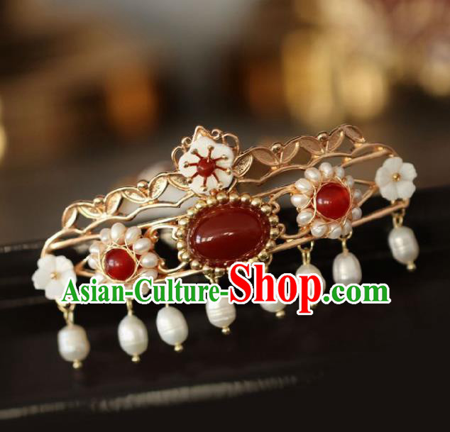 Chinese Handmade Ming Dynasty Princess Pearls Agate Hairpins Ancient Hanfu Hair Accessories for Women