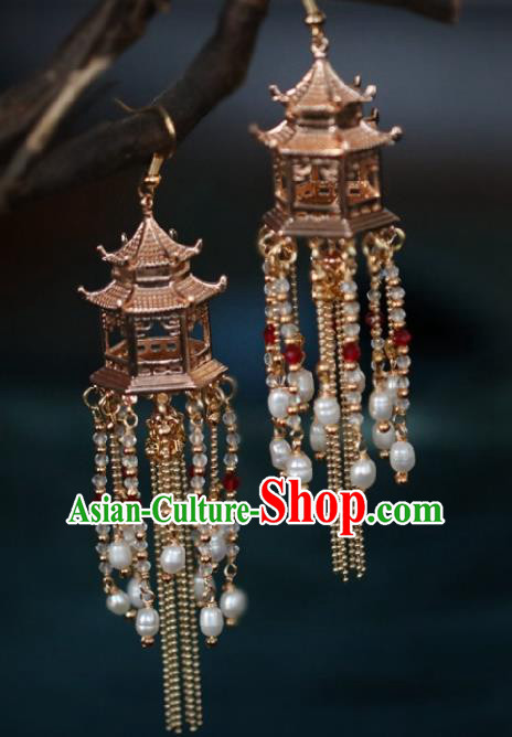 Chinese Traditional Hanfu Pearls Tassel Palace Earrings Handmade Ear Jewelry Accessories for Women