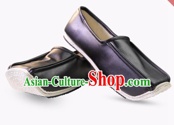 Chinese Traditional Ming Dynasty Taoist Black Leather Shoes Handmade Hanfu Shoes Ancient Scholar Shoes for Men