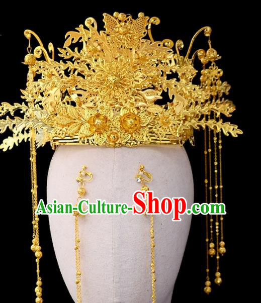 Chinese Traditional Wedding Golden Phoenix Coronet Handmade Bride Hair Accessories for Women