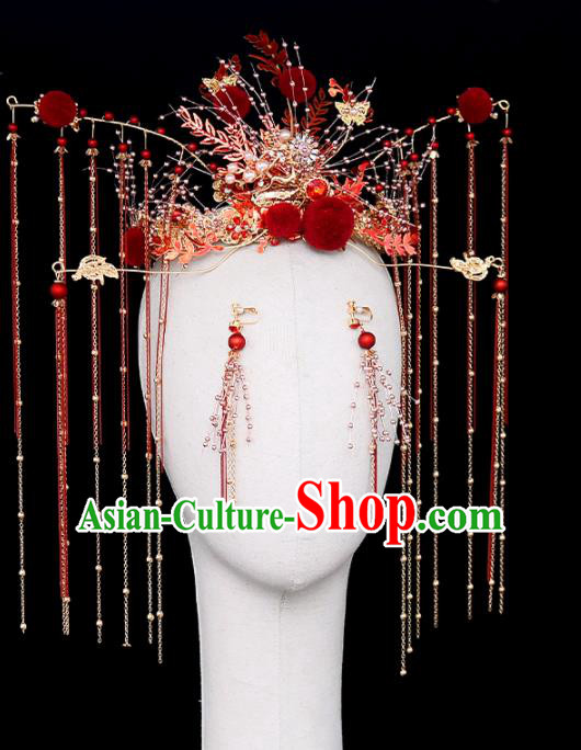 Chinese Traditional Wedding Red Phoenix Coronet Handmade Bride Hair Accessories for Women