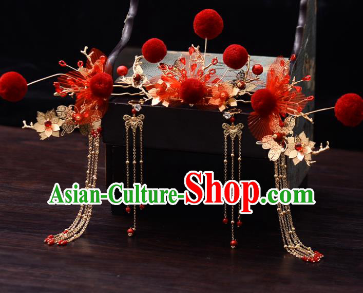 Chinese Traditional Wedding Red Silk Hairpins Hair Comb Handmade Bride Hair Accessories for Women