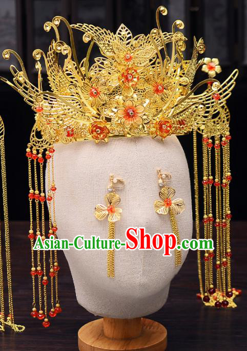 Chinese Traditional Wedding Tassel Golden Hair Crown Handmade Bride Hair Accessories for Women