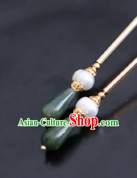 Chinese Handmade Ming Dynasty Queen Green Stone Hairpins Ancient Hanfu Hair Accessories for Women