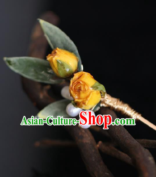 Chinese Handmade Ming Dynasty Princess Yellow Flowers Hairpins Ancient Hanfu Hair Accessories for Women