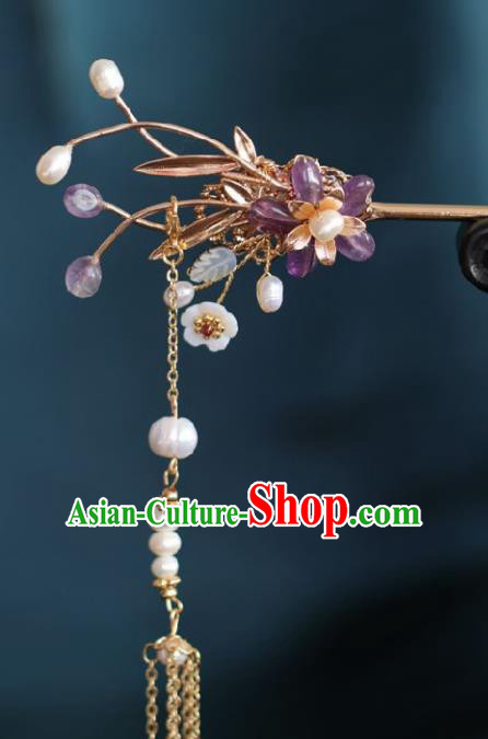 Chinese Handmade Ming Dynasty Princess Purple Flower Tassel Hairpins Ancient Hanfu Hair Accessories for Women