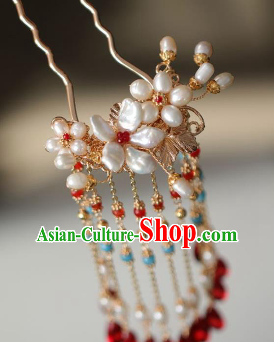 Chinese Handmade Ming Dynasty Princess Shell Pearls Tassel Hairpins Ancient Hanfu Hair Accessories for Women