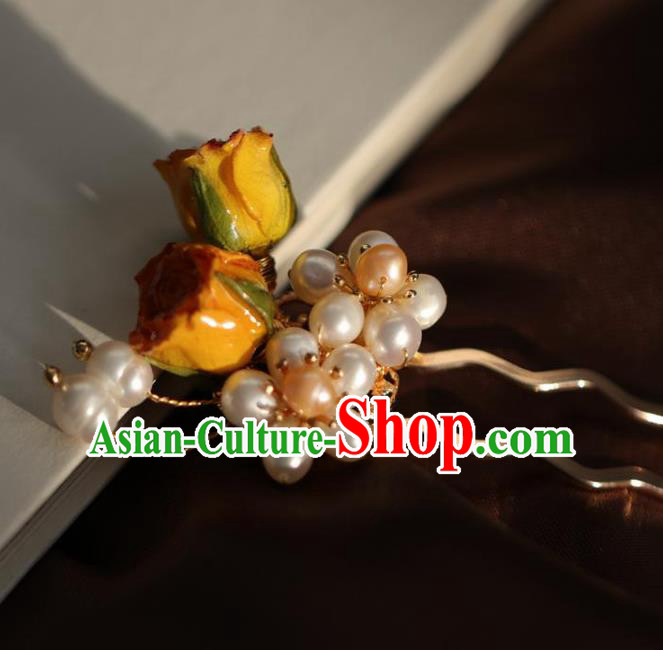 Chinese Handmade Ming Dynasty Princess Pearls Yellow Flowers Hairpins Ancient Hanfu Hair Accessories for Women