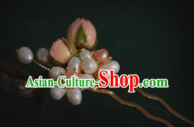 Chinese Handmade Ming Dynasty Princess Pearls Pink Flowers Hairpins Ancient Hanfu Hair Accessories for Women