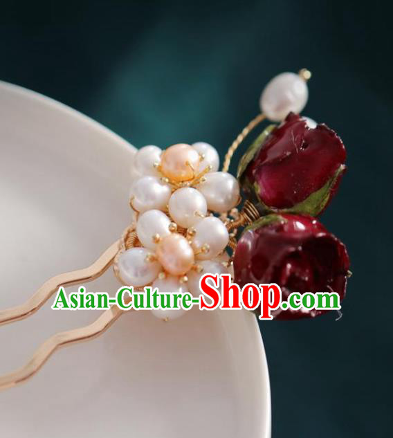 Chinese Handmade Ming Dynasty Princess Pearls Wine Red Flowers Hairpins Ancient Hanfu Hair Accessories for Women