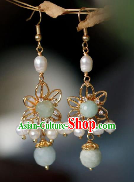 Chinese Traditional Hanfu Green Stone Tassel Earrings Handmade Ear Jewelry Accessories for Women