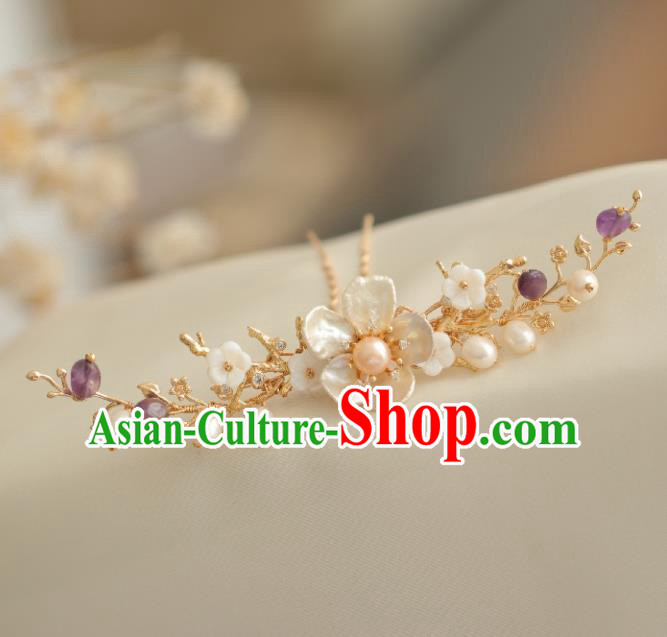 Chinese Handmade Ming Dynasty Princess Shell Flower Pearls Hairpins Ancient Hanfu Hair Accessories for Women