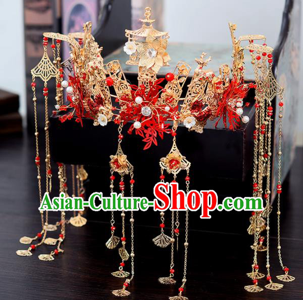 Chinese Traditional Wedding Red Leaf Hair Crown Handmade Bride Hair Accessories for Women