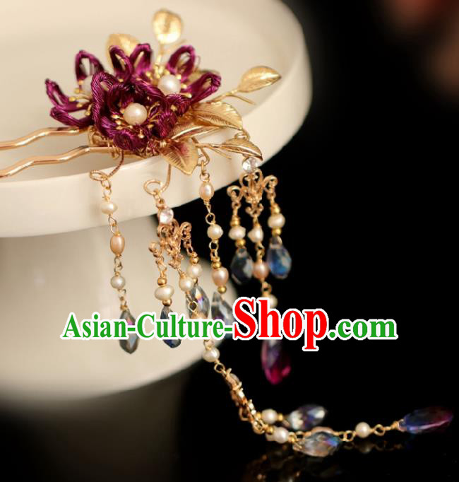 Chinese Handmade Ming Dynasty Princess Purple Flower Tassel Hairpins Ancient Hanfu Hair Accessories for Women