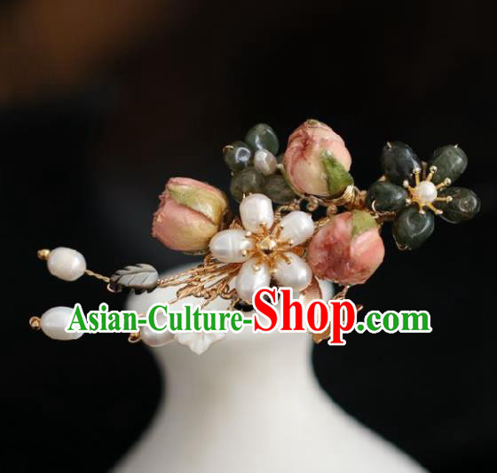 Chinese Handmade Ming Dynasty Princess Pink Flower Pearls Hairpins Ancient Hanfu Hair Accessories for Women