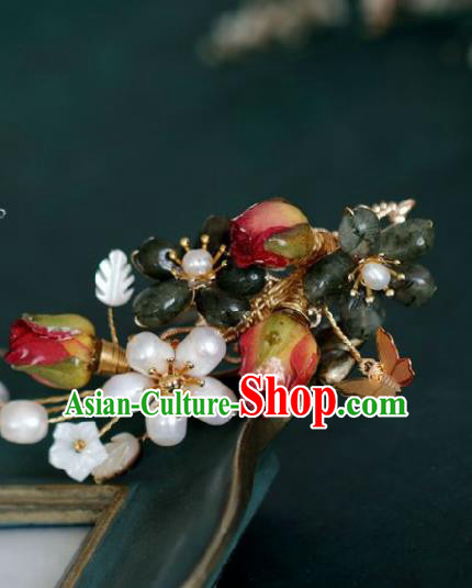 Chinese Handmade Ming Dynasty Princess Red Flower Pearls Hairpins Ancient Hanfu Hair Accessories for Women