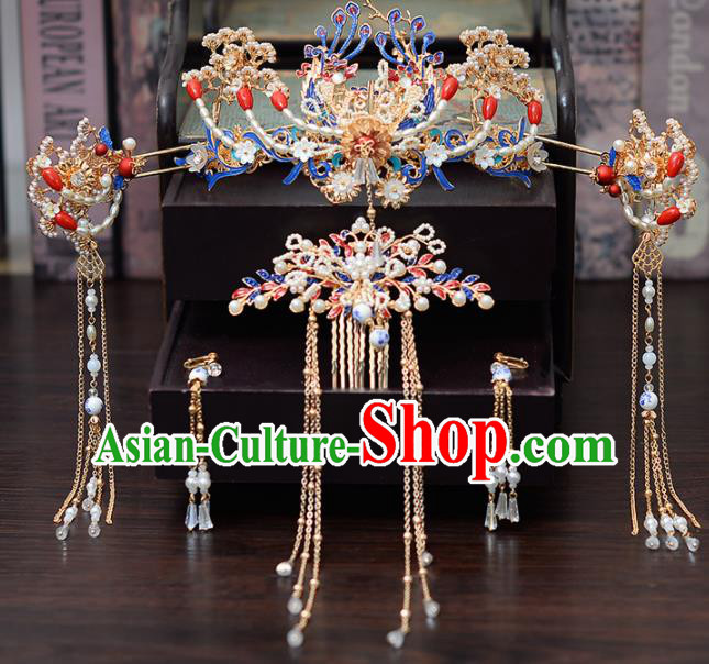 Chinese Traditional Wedding Pearls Phoenix Hair Comb Tassel Hairpins Handmade Bride Hair Accessories for Women
