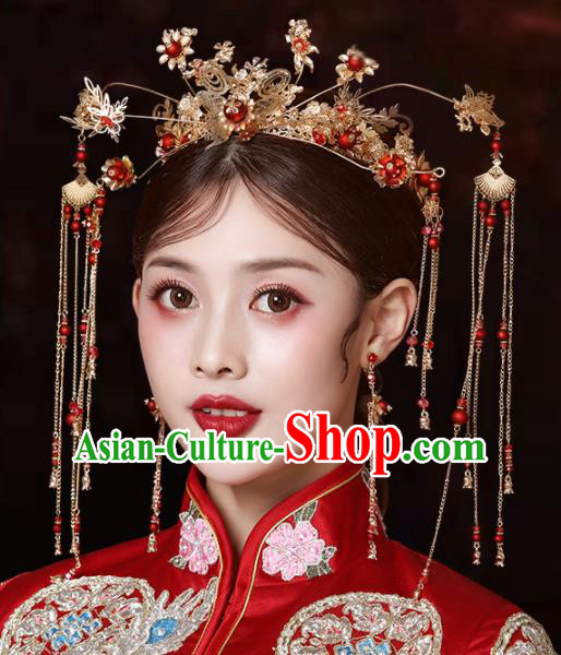 Chinese Traditional Wedding Golden Tassel Hair Crown Hairpins Handmade Bride Hair Accessories for Women