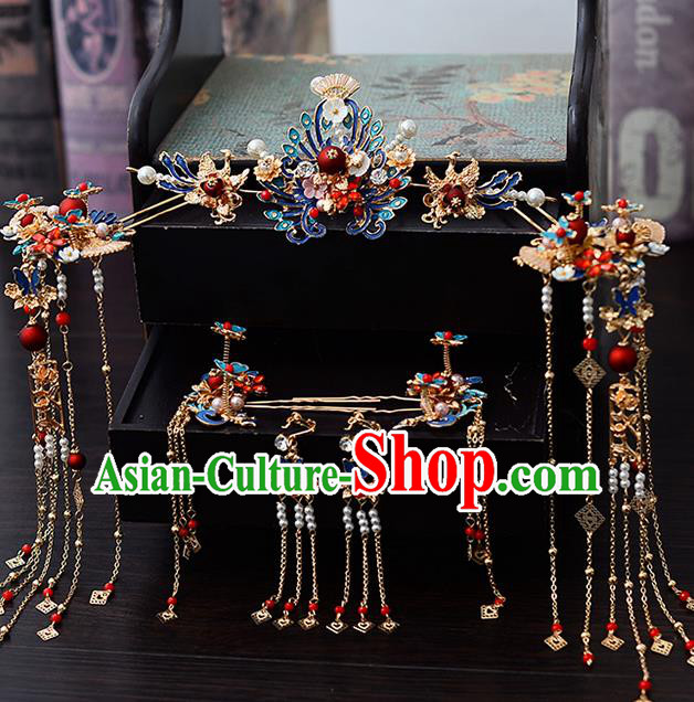 Chinese Traditional Wedding Cloisonne Tassel Hair Crown Hairpins Handmade Bride Hair Accessories for Women