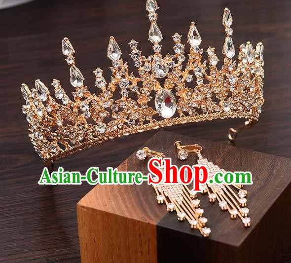 Top Handmade Bride Crystal Golden Royal Crown Wedding Hair Accessories for Women