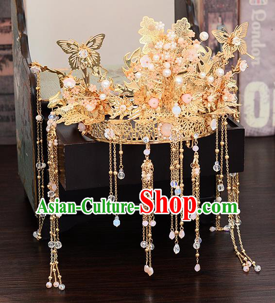 Chinese Traditional Wedding Queen Golden Butterfly Hair Crown Hairpins Handmade Bride Hair Accessories for Women