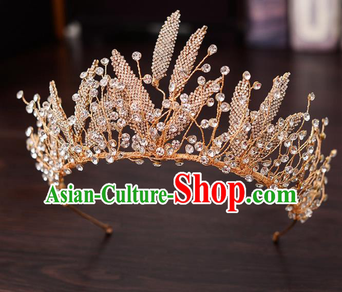 Top Handmade Bride Golden Crystal Leaf Royal Crown Wedding Hair Accessories for Women