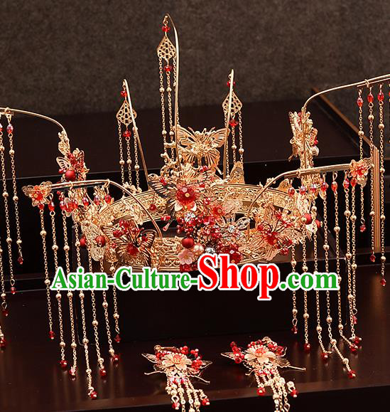 Chinese Traditional Wedding Queen Golden Tassel Hair Crown Hairpins Handmade Bride Hair Accessories for Women