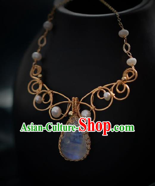 Chinese Traditional Ming Dynasty Moonstone Necklace Handmade Ancient Princess Necklet Accessories for Women