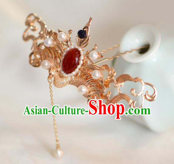 Chinese Handmade Princess Golden Phoenix Agate Hairpins Ancient Hanfu Hair Accessories for Women