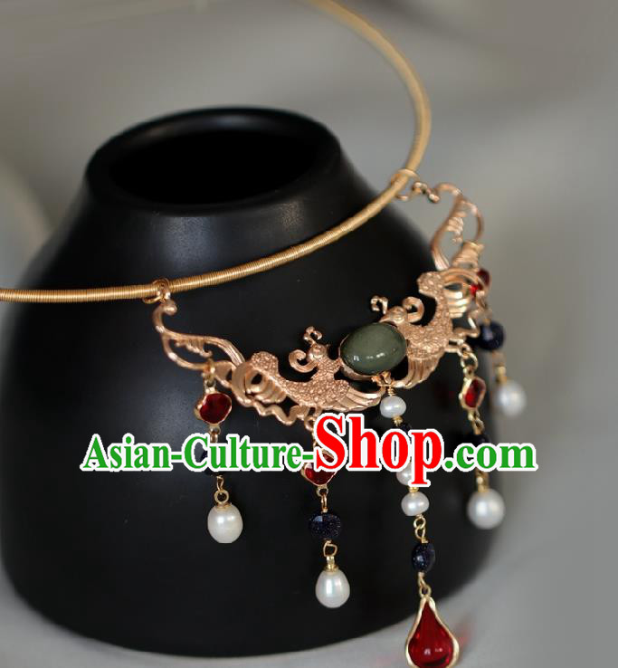 Chinese Traditional Ming Dynasty Golden Phoenix Necklace Handmade Ancient Princess Necklet Accessories for Women