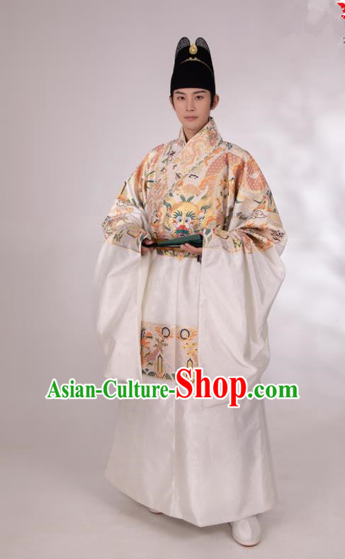 Traditional Chinese Hanfu Court White Brocade Imperial Robe Ancient Ming Dynasty Emperor Historical Costumes for Men