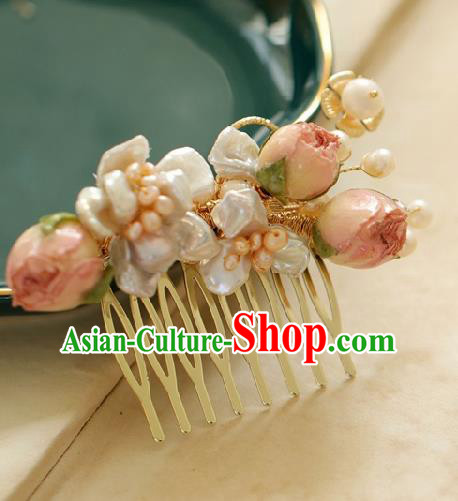 Chinese Handmade Ming Dynasty Princess Pink Flowers Hair Comb Hairpins Ancient Hanfu Hair Accessories for Women