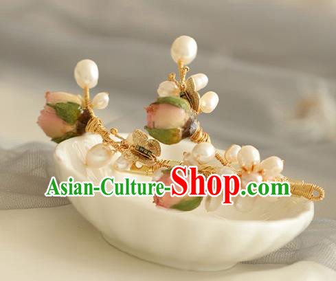 Chinese Handmade Ming Dynasty Princess Pink Flowers Pearls Hair Claw Hairpins Ancient Hanfu Hair Accessories for Women