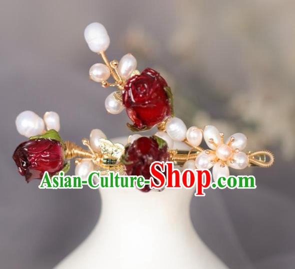 Chinese Handmade Ming Dynasty Princess Red Flowers Pearls Hair Claw Hairpins Ancient Hanfu Hair Accessories for Women