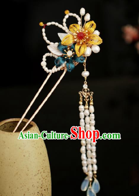 Chinese Handmade Tang Dynasty Princess White Pearls Tassel Hairpins Ancient Hanfu Hair Accessories for Women