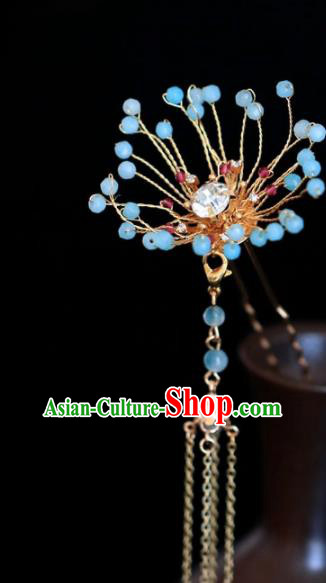 Chinese Handmade Tang Dynasty Princess Blue Beads Tassel Hairpins Ancient Hanfu Hair Accessories for Women