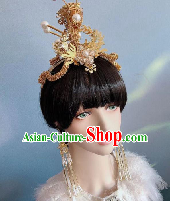 Chinese Handmade Classical Golden Dragon Hair Crown Ancient Empress Hanfu Hair Accessories for Women