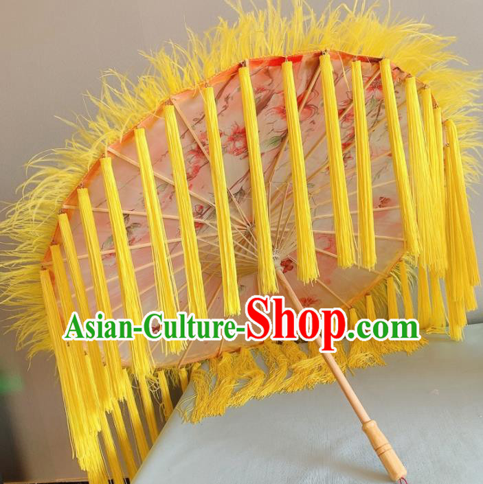 Chinese Traditional Yellow Tassel Umbrella Handmade Ancient Princess Feather Umbrella for Women