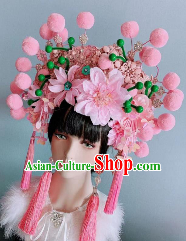 Chinese Handmade Classical Pink Peony Tassel Phoenix Coronet Hat Ancient Empress Hanfu Hair Accessories for Women