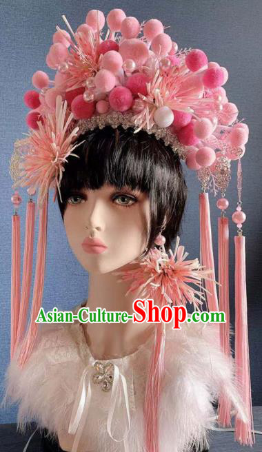 Chinese Handmade Classical Pink Chrysanthemum Phoenix Coronet Hat Ancient Empress Hanfu Hair Accessories for Women