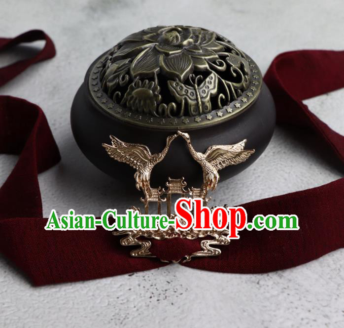 Chinese Traditional Hanfu Red Ribbon Hairband Handmade Ancient Swordsman Crane Hair Accessories for Men