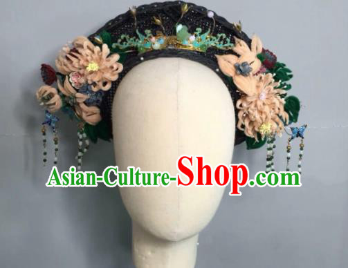 Chinese Handmade Qing Dynasty Manchu Imperial Consort Velvet Flowers Hat Phoenix Coronet Ancient Empress Hair Accessories for Women
