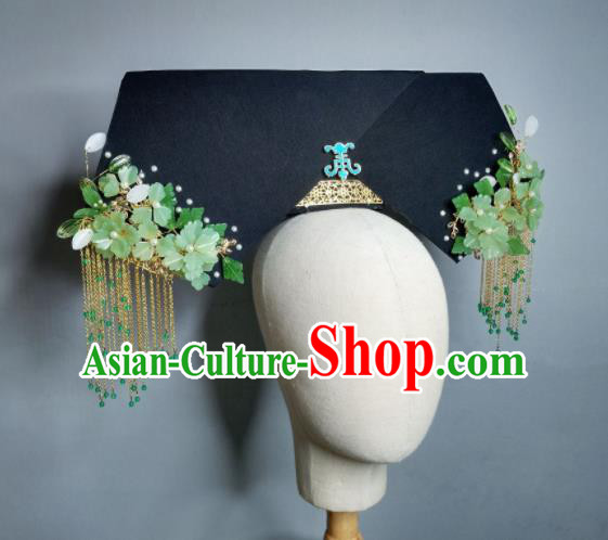 Chinese Handmade Qing Dynasty Manchu Imperial Consort Green Flower Hairpins Hat Ancient Empress Hair Accessories for Women