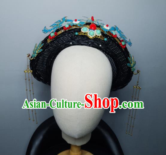 Chinese Handmade Qing Dynasty Manchu Blue Phoenix Hairpins Hat Ancient Imperial Consort Hair Accessories for Women