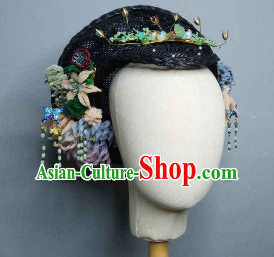 Chinese Handmade Qing Dynasty Manchu Velvet Chrysanthemum Hairpins Hat Ancient Imperial Consort Hair Accessories for Women