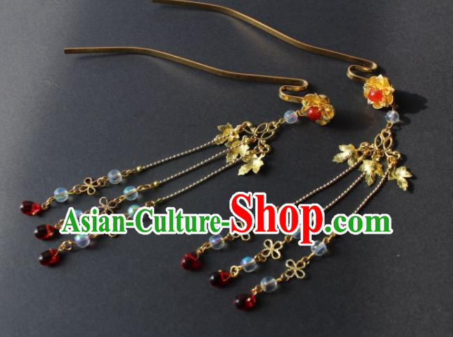 Chinese Handmade Ming Dynasty Princess Golden Leaf Tassel Hairpins Ancient Hanfu Hair Accessories for Women